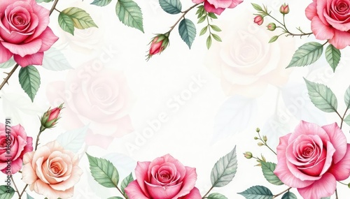 Delicate watercolor roses & leaves, repeat seamlessly, fabric, textile, vintage