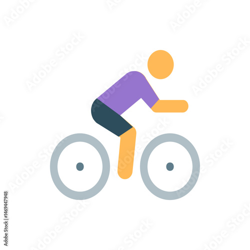 Illustration of a cyclist with a purple shirt and dark shorts riding a bicycle with gray wheels and tires