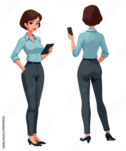 Professional Female Character in Formal Clothes Holding Smartphone