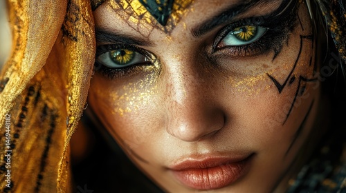 Futuristic priestess close-up with golden face paint, glowing tattoos, sacred cyberpunk.