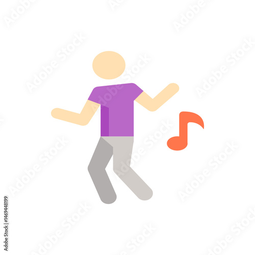 Illustration of a person with a round head dancing next to a musical note with their arms raised high up