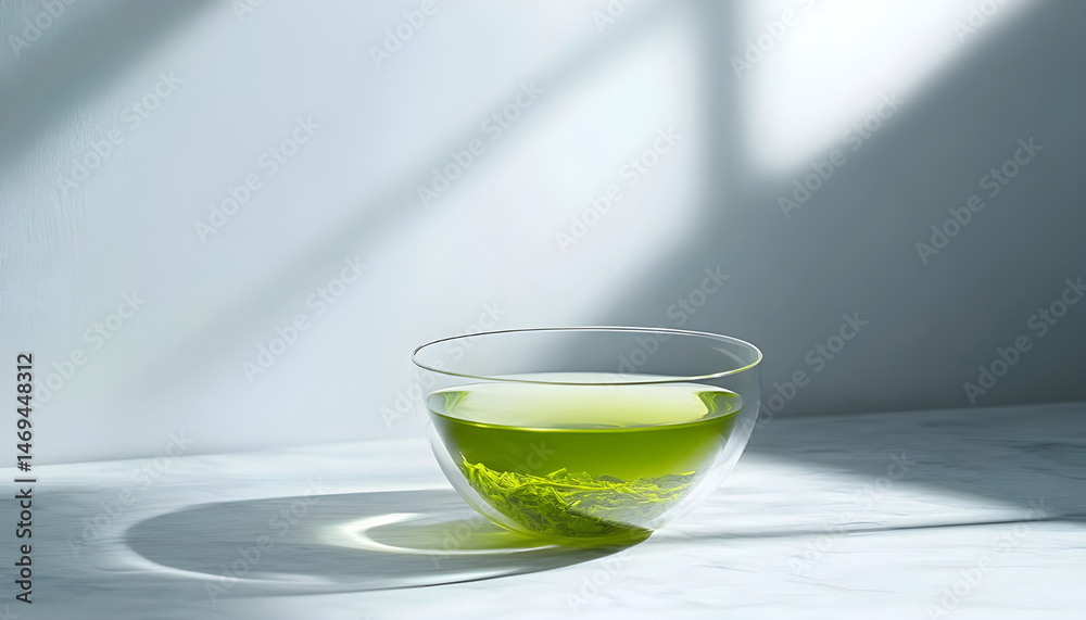 Refreshing green tea in a cup on a marble table on a white background. Space for text
