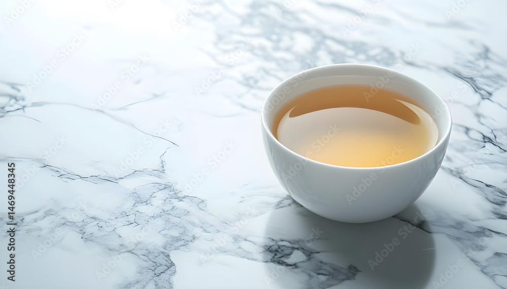 Refreshing green tea in a cup on a marble table on a white background. Space for text