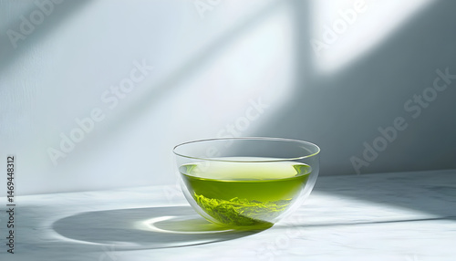 Obraz na płótnie Refreshing green tea in a cup on a marble table on a white background. Space for text w salonie