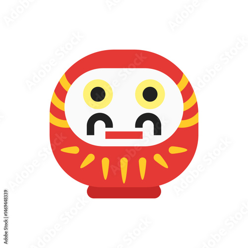 Illustration of a red daruma doll with yellow eyes and stripes and a white face on a white background