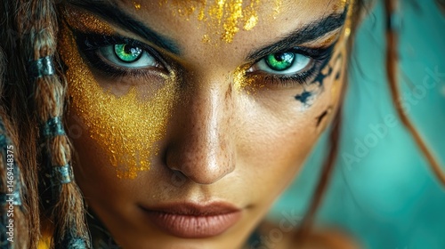 Futuristic priestess close-up with golden face paint, glowing tattoos, sacred cyberpunk.