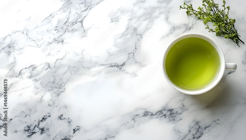 Refreshing green tea in a cup on a marble table on a white background. Space for text
