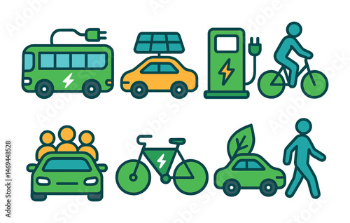 Eco transportation flat icons set – sustainable, green travel and mobility symbols