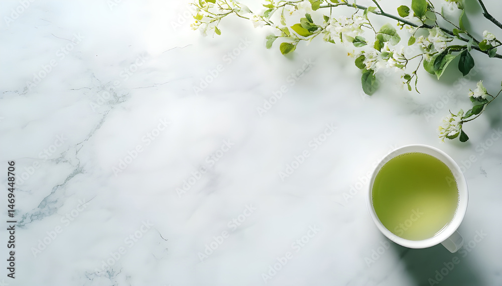 Refreshing green tea in a cup on a marble table on a white background. Space for text