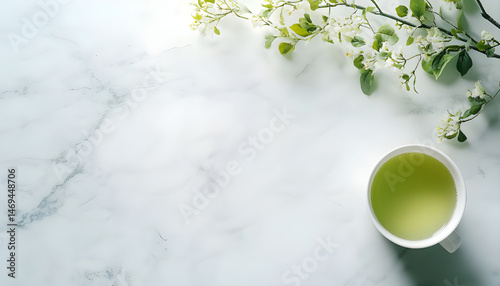 Obraz na płótnie Refreshing green tea in a cup on a marble table on a white background. Space for text w salonie