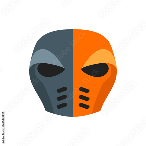 Illustration of a two toned mask with one side gray and the other orange and black eye sockets and mouth vents