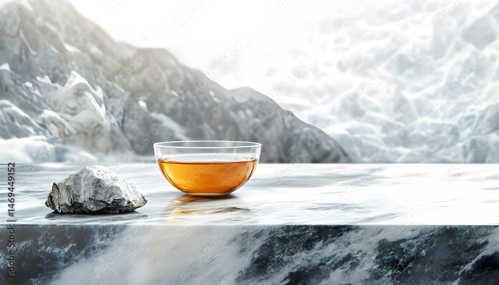 Refreshing green tea in a cup on a marble table on a white background. Space for text