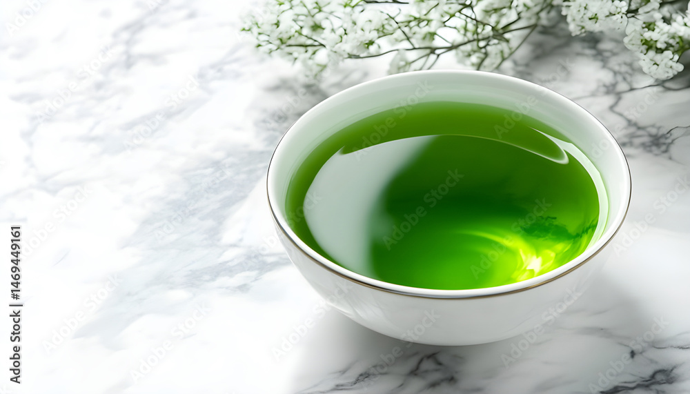 Refreshing green tea in a cup on a marble table on a white background. Space for text