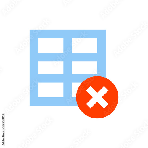 Light blue grid with six white rectangles and a red circle with a white x in the bottom right corner