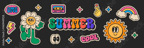 Retro trendy sticker pack. Groovy text summer slogan. Collection of vintage groovy elements and characters.