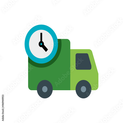 A green delivery truck with a clock on top indicating time sensitive or urgent shipping and delivery service