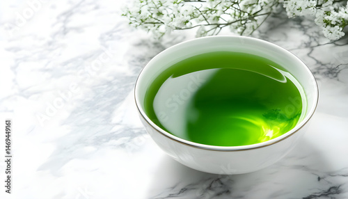 Obraz na płótnie Refreshing green tea in a cup on a marble table on a white background. Space for text w salonie