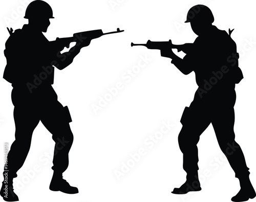 Silhouette of Two Soldiers Facing Each Other with Rifles