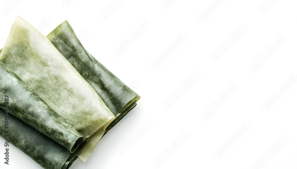 Green beeswax food wraps on white background, top view. Banner design