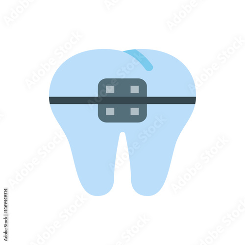 Illustration of a light blue tooth with a gray bracket and black wire for orthodontic treatment shown