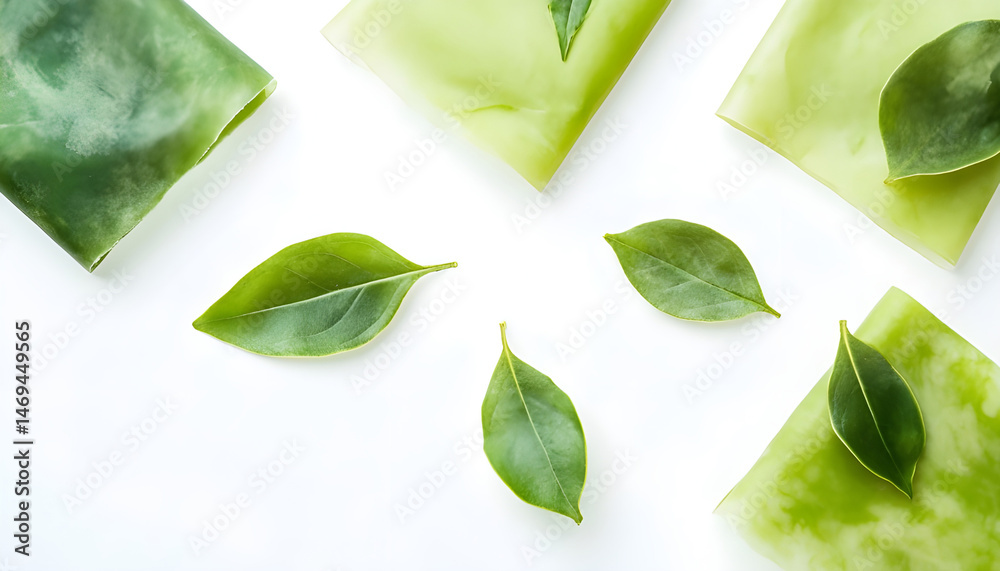Green beeswax food wraps on white background, top view. Banner design