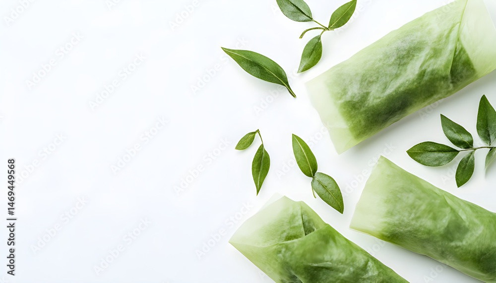 Green beeswax food wraps on white background, top view. Banner design