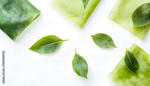 Obraz na płótnie Green beeswax food wraps on white background, top view. Banner design w salonie