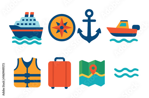 Nautical and marine icons set – flat, filled, ocean and sailing symbols