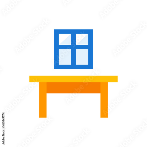 Illustration showing a yellow and orange table with a blue window frame above it on a white background