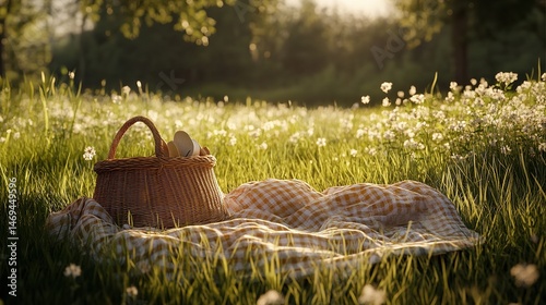 A picnic basket with vegetarian food in a summer park background