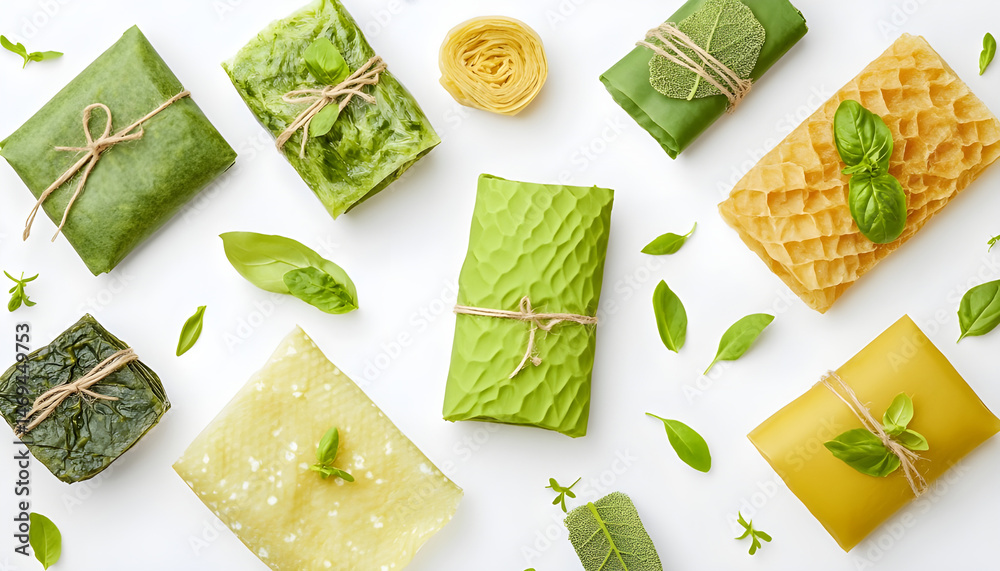 Green beeswax food wraps on white background, top view. Banner design