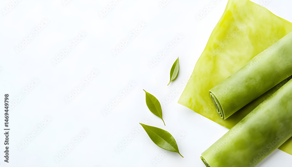 Green beeswax food wraps on white background, top view. Banner design