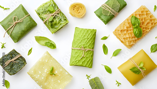 Obraz na płótnie Green beeswax food wraps on white background, top view. Banner design w salonie
