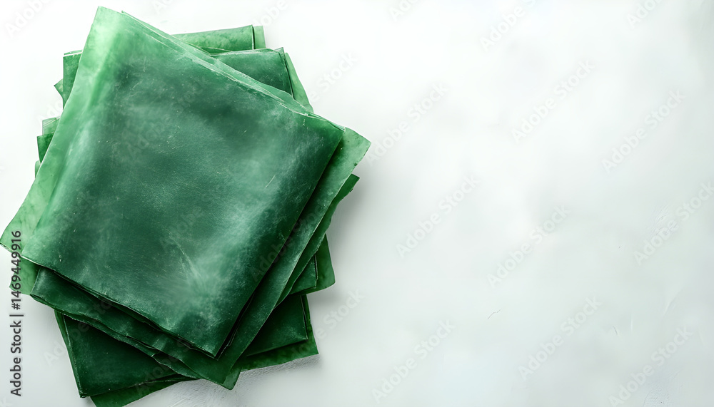 Green beeswax food wraps on white background, top view. Banner design