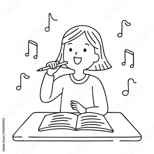 A girl singing into a pencil while sitting at a study desk, surrounded by musical notes