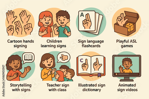 Sign language solid icons set – filled, playful asl, learning and communication symbols