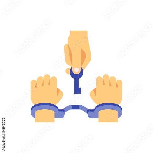 Hand holding a blue key over hands in handcuffs depicting freedom and justice on a white background