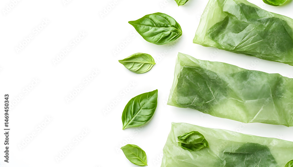 Green beeswax food wraps on white background, top view. Banner design