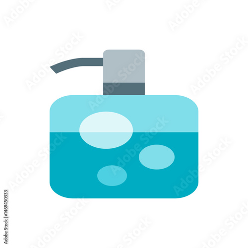 Illustration of a square soap dispenser with a gray pump and light blue liquid inside with bubbles