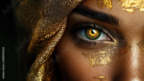 Golden priestess close-up with illuminated hieroglyphic tattoos, ancient divinity.
