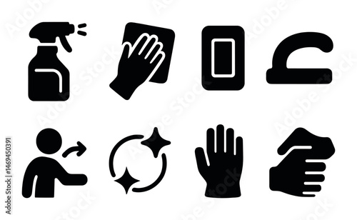 Cleaning and sanitization solid icons set – hygiene, disinfecting, cleanliness symbols