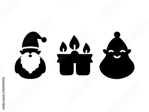 Christmas Gnome, Candles Cheerful Elf Silhouette Icons