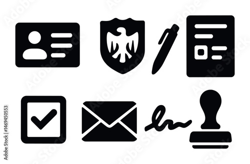 Official document solid icons set – flat, filled, certification and approval symbols