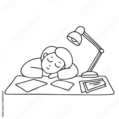 A person asleep at a desk, with papers and a still lamp beside