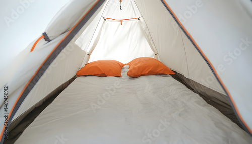 Closeup of couple in camping tent on white background, view from inside