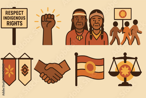 Indigenous rights flat icons set – cultural, heritage, equality symbols