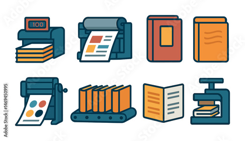 Publishing and printing icons set – flat, solid, book creation and typography symbols