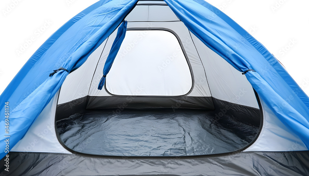 Closeup of couple in camping tent on white background, view from inside