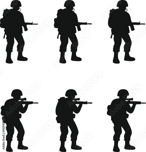 Six Silhouettes of Soldiers in Combat Positions