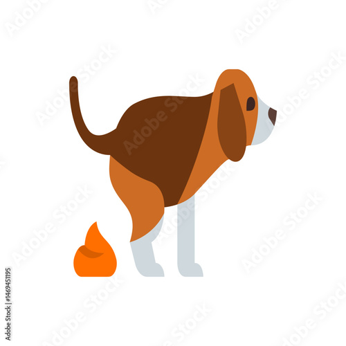 A cartoon style beagle dog squatting with a pile of feces on the ground in a white background scene